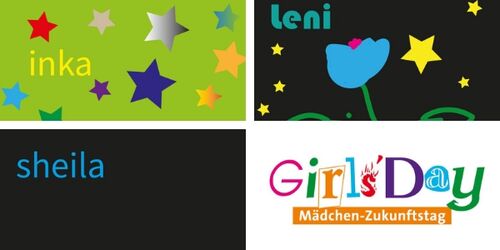 Das Bild zeigt die drei selbstgestalteten Namensschilder der Mädchen, die bei Lampe & Schwartze am Zukunftstag teilgenommen haben, sowie das Logo vom Girls' Day.
