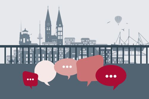 Stilisierte Skyline von Bremen mit 5 Sprechblasen im Vordergrund | Dialog mit Ausblick von NW Assekuranz