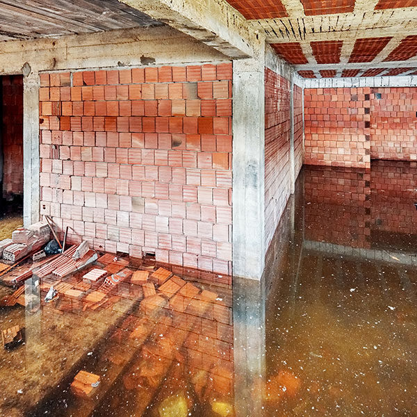 Schadenmanagement mit der Lampe & Schwartze Group: Vorbeugen und durchsetzen Schadenmanagement: Der Keller eines im Bau befindlichen Gebäudes ist mit schmutzigem Flutwasser gefüllt